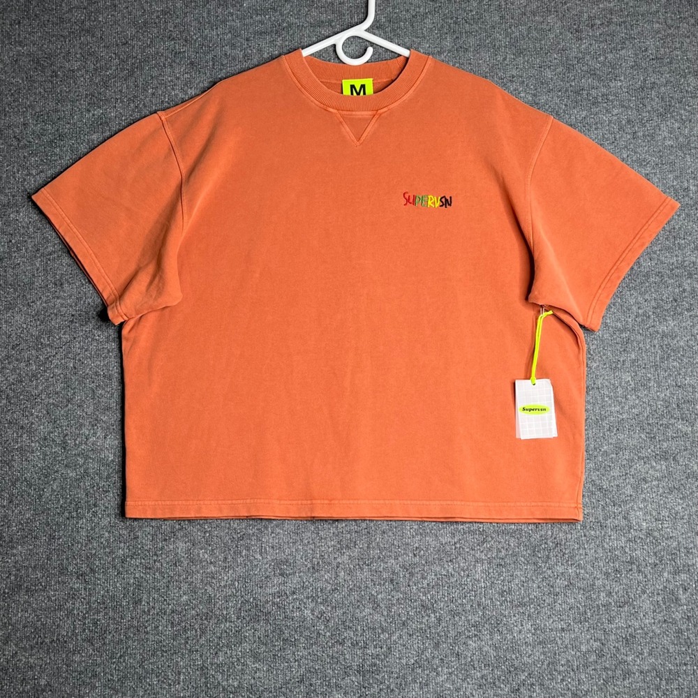 Supervsn Orange Short Sleeve Sweatshirt Beaded Logo Fleece Top Medium Boxy NWT